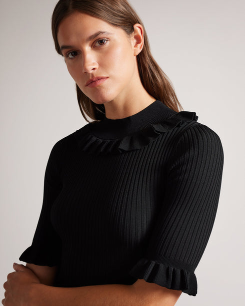KATELLA-Knitwear-Made of stretchy knit, KATELLA is the perfect statement top to take you from season to season in style. With an oh-so-cute ruffle trim and a super soft feel, this fitted top is sure to become your new go-to. Ted Baker womenswear collection Fitted top Stretch fabric High neck Neck ruffle Ribbed knit Short sleeves with ruffle trim Amy is 5'9.5" / 1.77m and wears Black in a Ted size 1- Ted Baker Romania